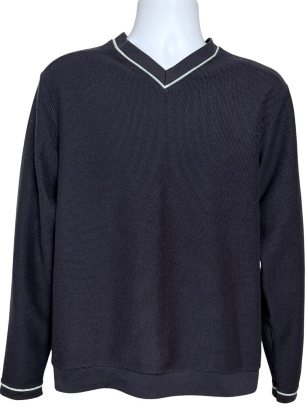 Lands' End Men's M Navy Blue V Neck Sweatshirt Contrast Piping Cotton Pullover